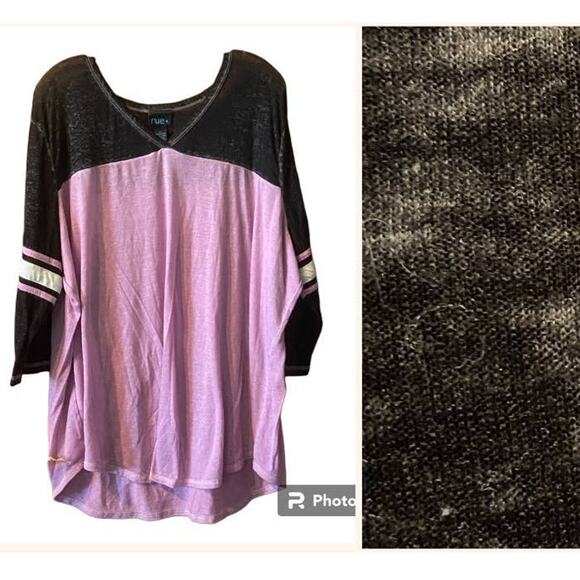 rue Plus Top 2x Jersey Burn Out 3/4 Sleeve V Neck Multicolor Cotton Blend - Picture 1 of 8